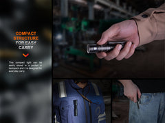 Fenix LD12R EDC flashlight with dual lighting, 600 lumens, compact design, and black body for everyday carry.