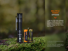 Fenix LD12R dual light EDC flashlight with 600 lumens, compact design, black body, and adjustable focus.