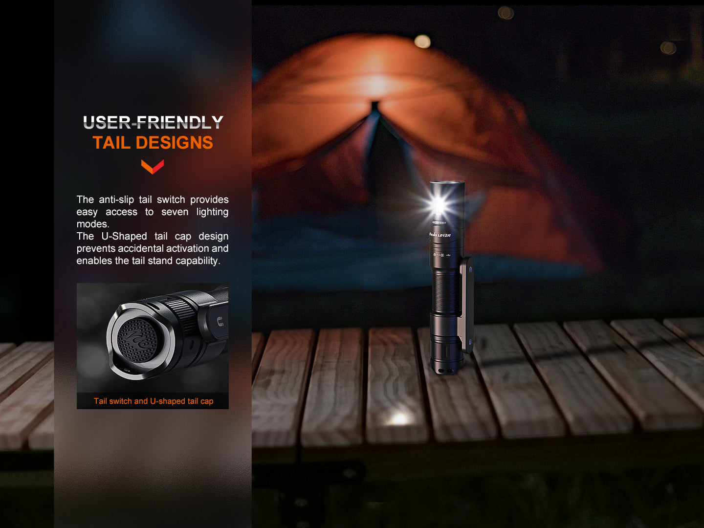 Fenix LD12R dual light EDC flashlight emitting 600 lumens, compact black design with adjustable focus, suitable for everyday carry.