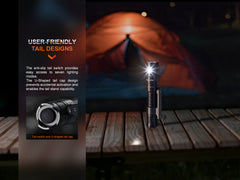 Fenix LD12R dual light EDC flashlight emitting 600 lumens, compact black design with adjustable focus, suitable for everyday carry.