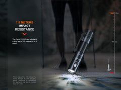 Fenix LD12R dual light EDC flashlight emitting 600 lumens, compact handheld design with adjustable beam focus.