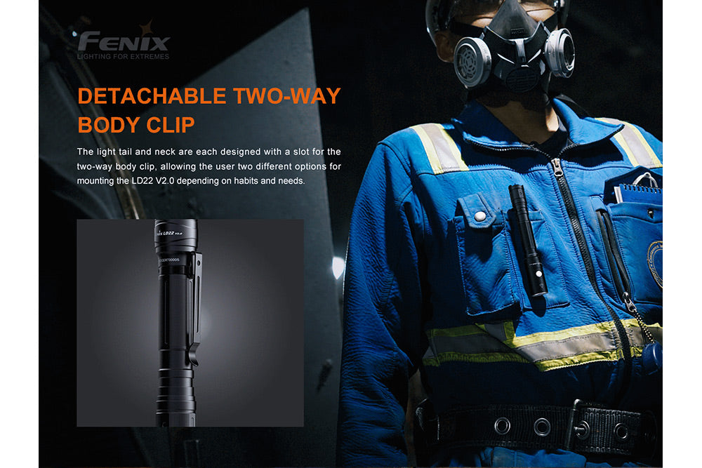 Fenix LD22 V2 compact LED flashlight with 800 lumens, EDC size, black body, and textured grip for easy handling.