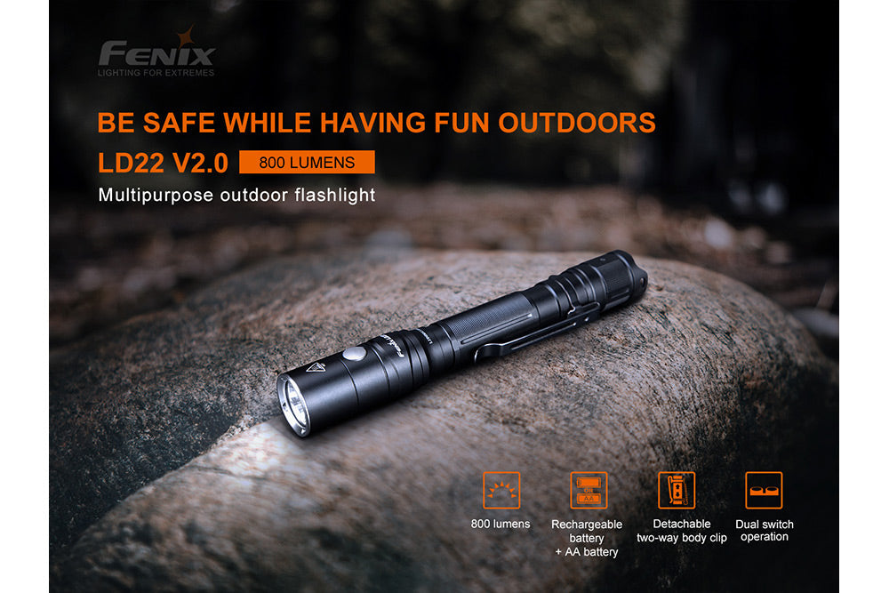 Fenix LD22 V2 compact LED flashlight with 800 lumens, featuring a black body and adjustable focus for everyday carry use.