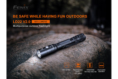 Fenix LD22 V2 compact LED flashlight with 800 lumens, featuring a black body and adjustable focus for everyday carry use.