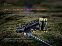 Fenix LD22 V2 compact LED flashlight emitting bright light, featuring a rugged black body and adjustable focus for everyday carry.