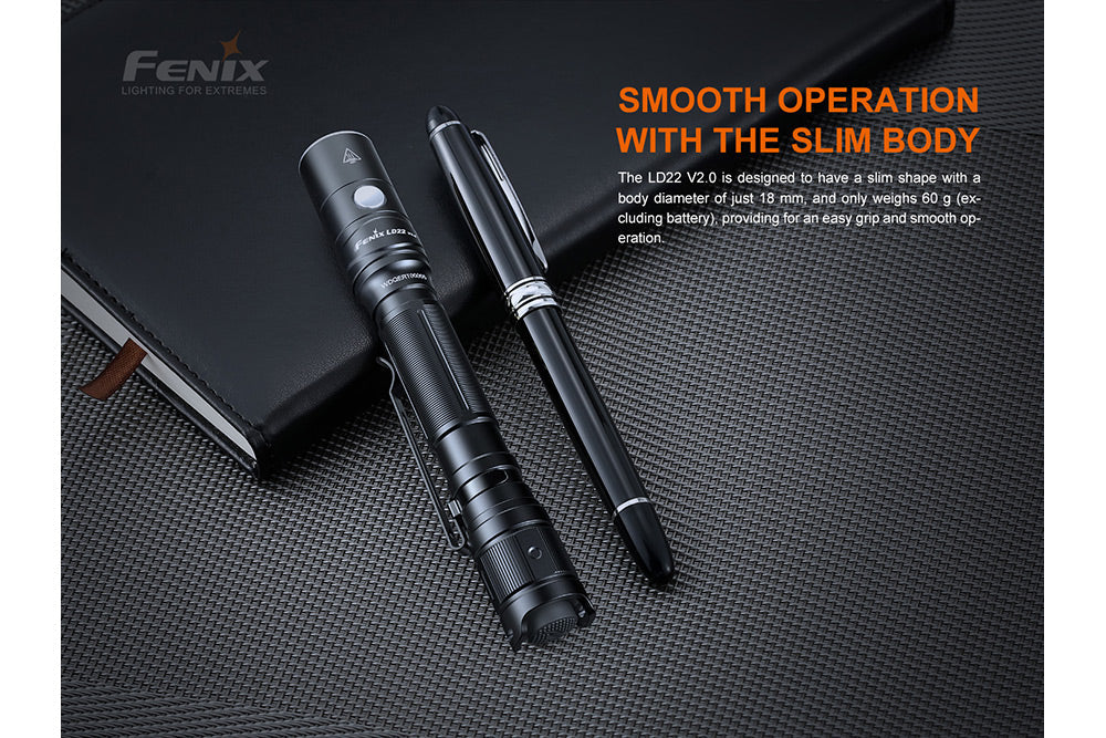 Fenix LD22 V2 compact LED flashlight showing its black body and adjustable beam, 800 lumens output, EDC flashlight design