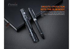 Fenix LD22 V2 compact LED flashlight showing its black body and adjustable beam, 800 lumens output, EDC flashlight design