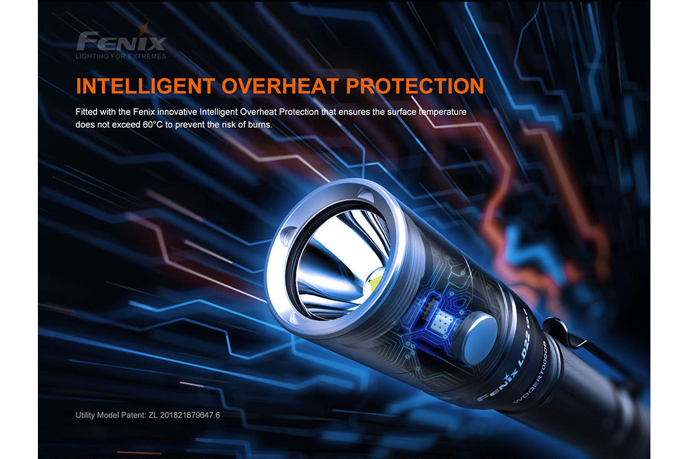 Fenix LD22 V2 compact LED flashlight with 800 lumens, showcasing its sleek design and focused beam for everyday carry.
