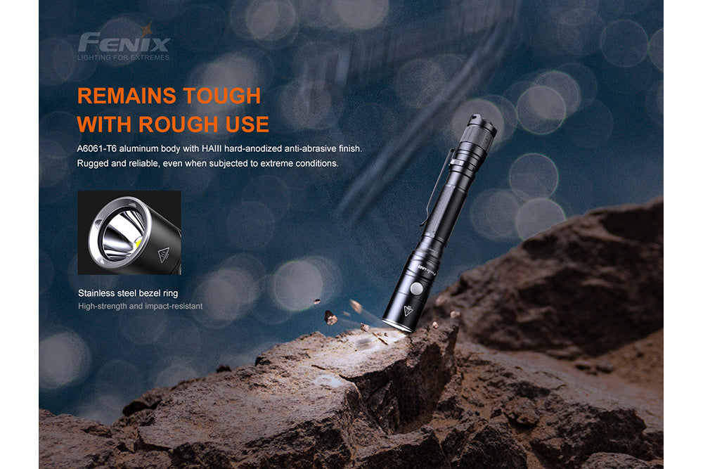 Fenix LD22 V2 compact LED flashlight with 800 lumens, black EDC flashlight showing textured grip and adjustable focus.