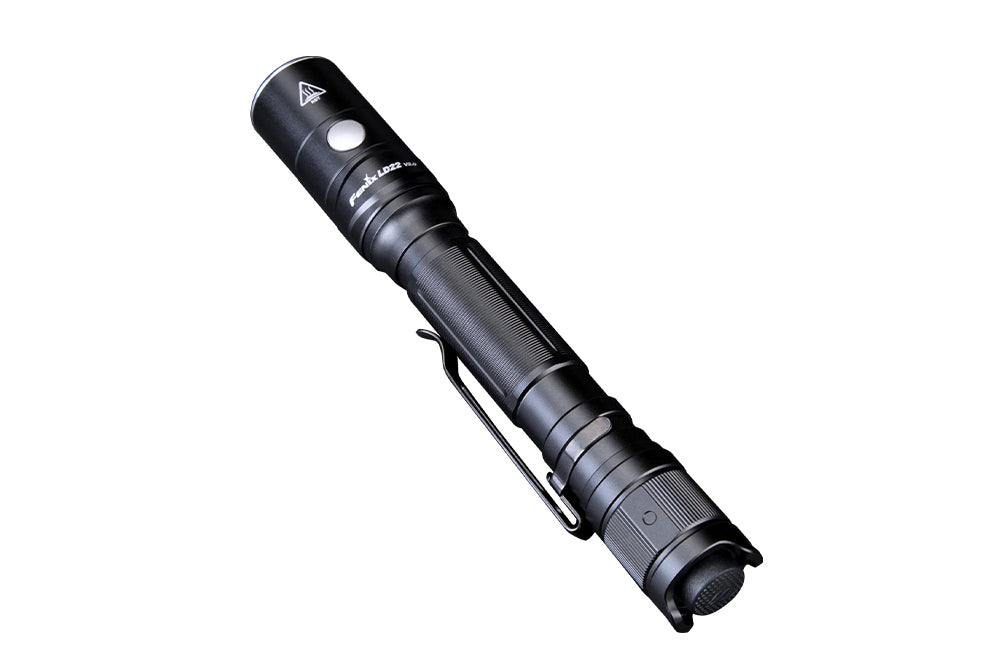 Fenix LD22 V2 compact LED flashlight with 800 lumens, compact EDC design, black body, and textured grip for handheld use.