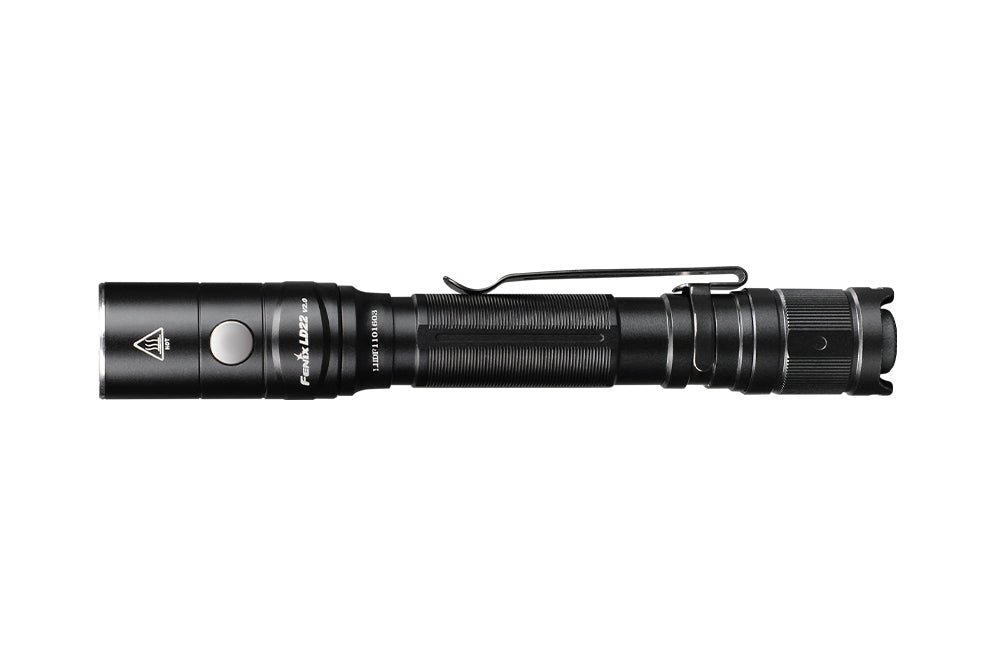 Fenix LD22 V2 compact LED flashlight with 800 lumens, EDC size, black body, and adjustable bezel for versatile lighting.