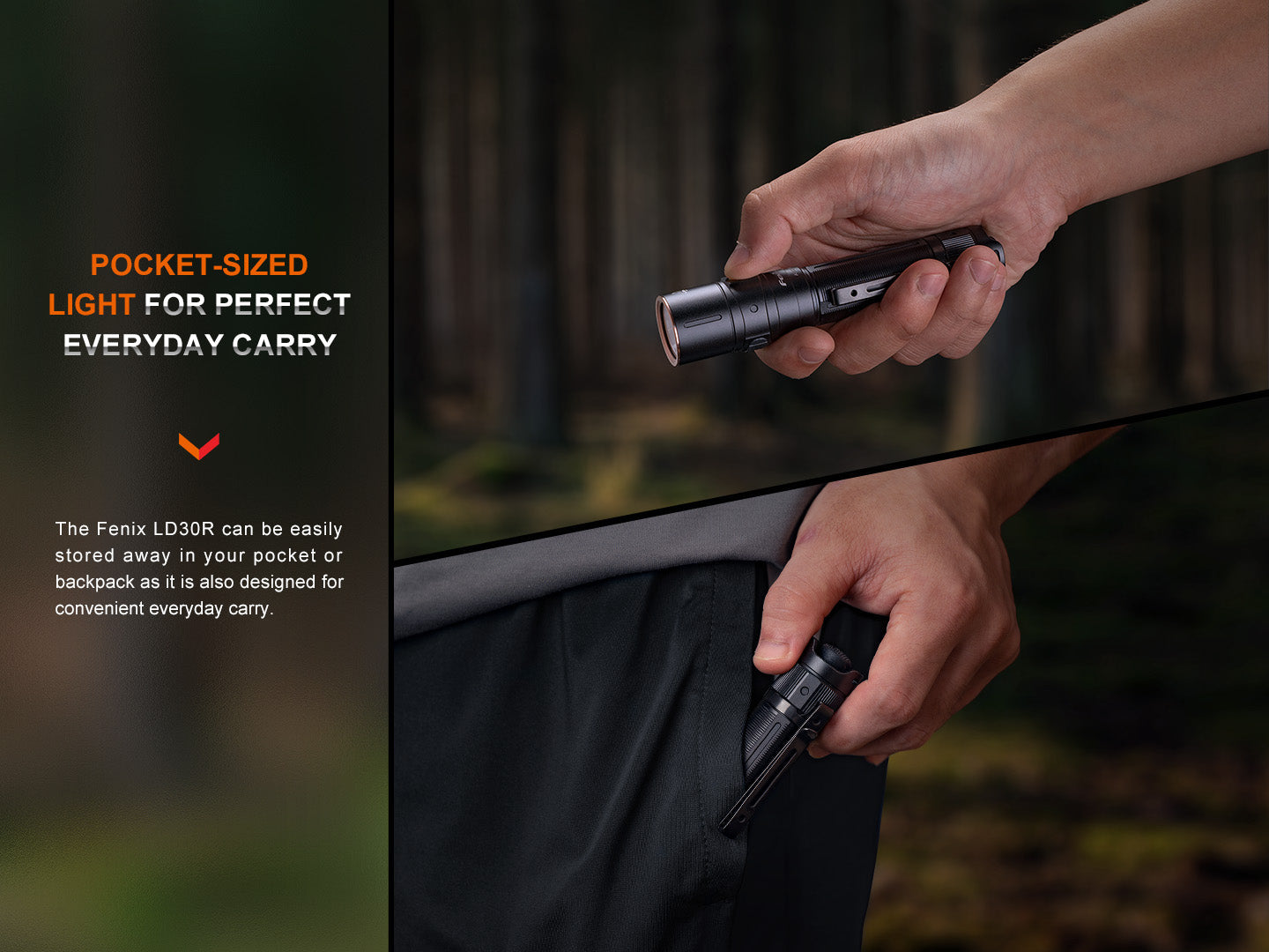 Fenix LD30R high-performance lightweight EDC flashlight with textured grip and LED bulb, designed for outdoor and everyday use.
