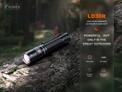 Fenix LD30R high-performance lightweight EDC flashlight with black body and textured grip, showing its compact design.