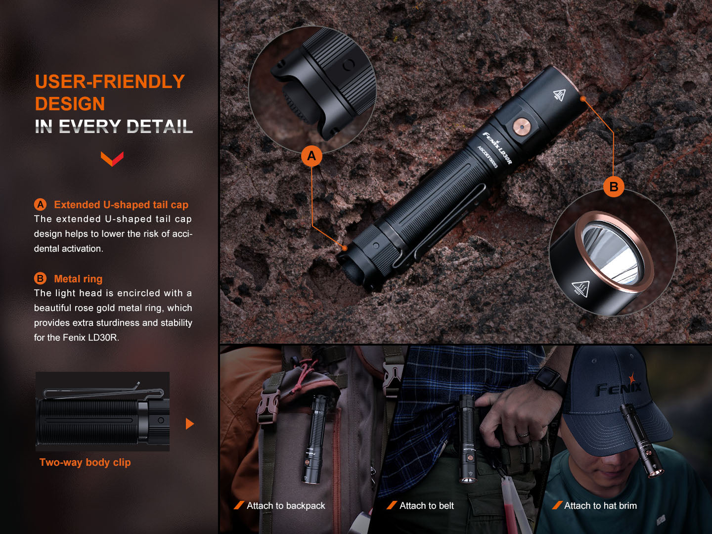 Fenix LD30R high-performance lightweight EDC flashlight with a compact design and LED light for everyday carry.