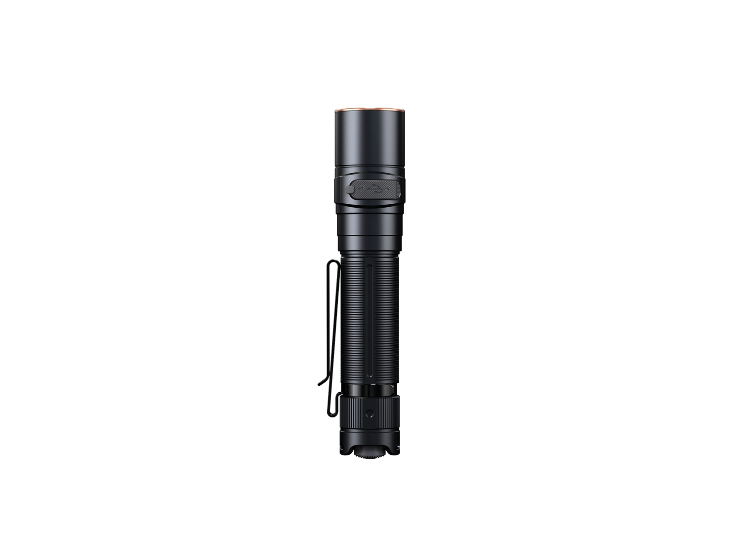 Fenix LD30R high-performance lightweight EDC flashlight with a black body, compact design, and LED light on a white background.
