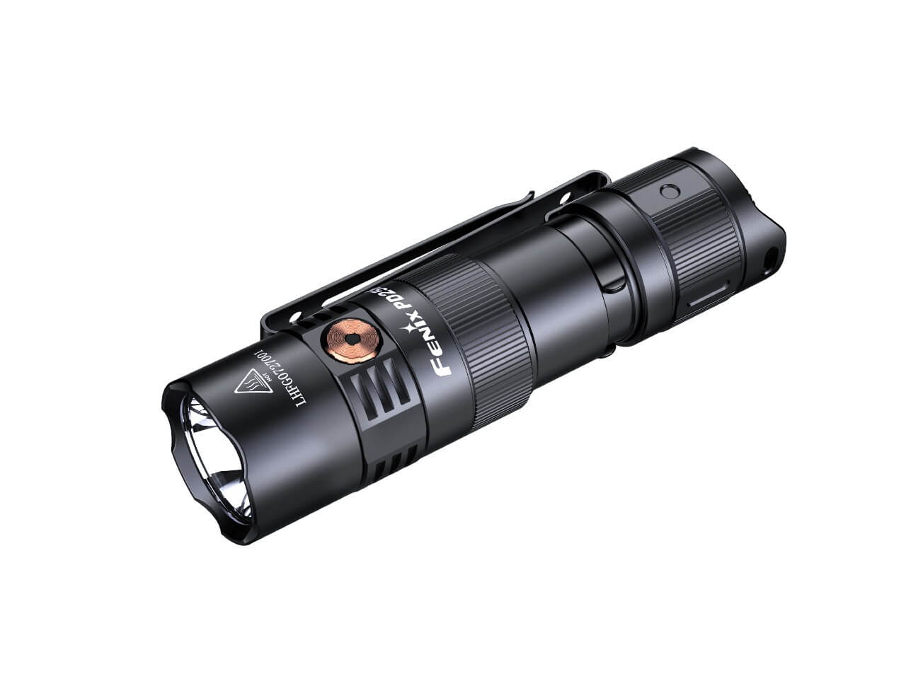 Fenix PD25R rechargeable LED EDC flashlight with black body and textured grip, turned on showing a bright beam.
