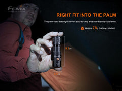 Fenix PD25R rechargeable LED EDC flashlight with black body, compact design, and adjustable focus for everyday carry.