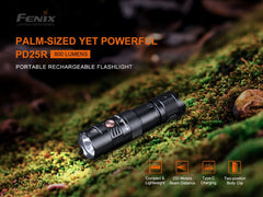 Fenix PD25R rechargeable LED EDC flashlight with black body, compact design, and textured grip for handheld use.