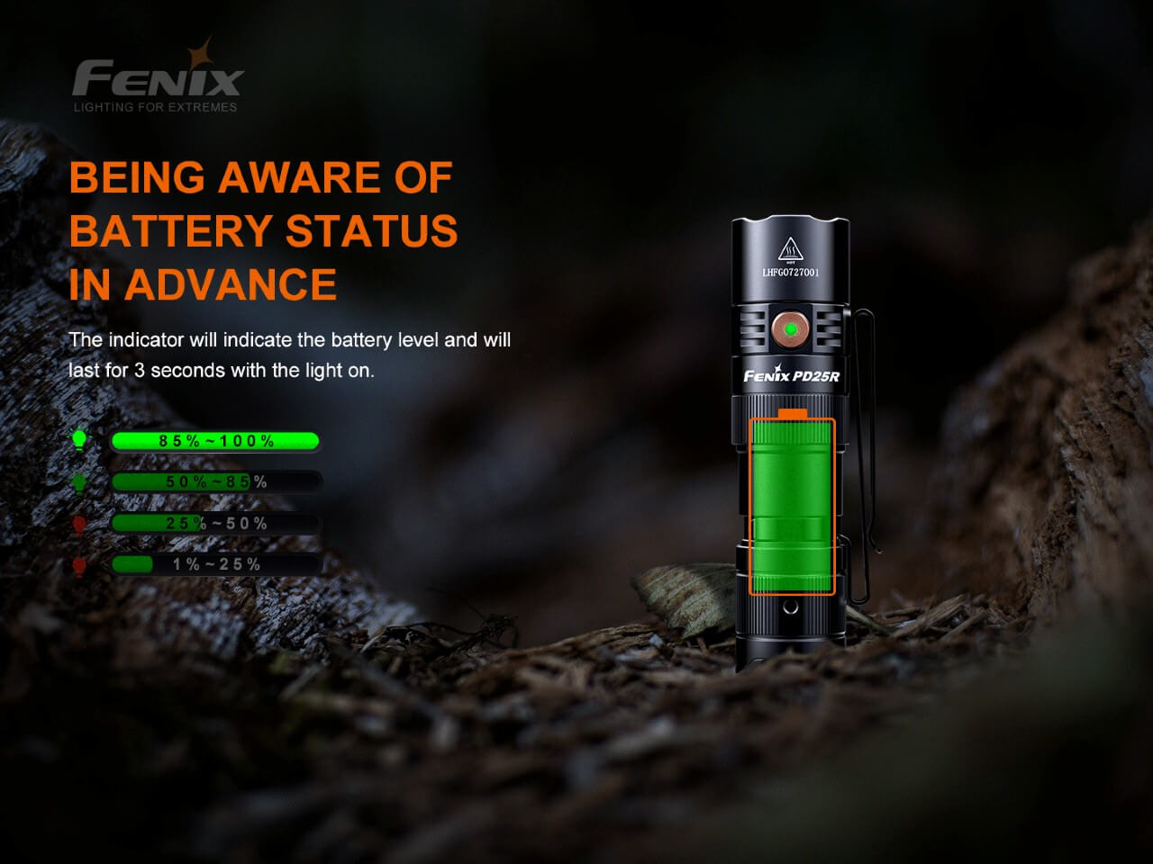 Fenix PD25R rechargeable LED EDC flashlight with compact body and adjustable beam, ideal for everyday carry.