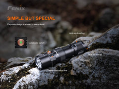 Fenix PD25R rechargeable LED EDC flashlight with compact design, black body, and focused beam for everyday carry.