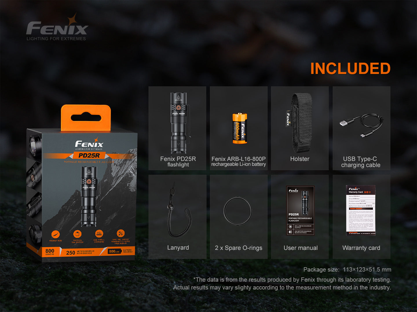 Fenix PD25R rechargeable LED EDC flashlight with black body and textured grip, compact and portable for everyday carry.
