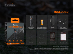 Fenix PD25R rechargeable LED EDC flashlight with black body and textured grip, compact and portable for everyday carry.