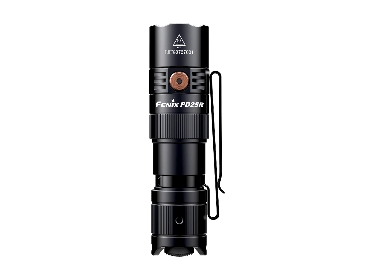 Fenix PD25R rechargeable LED EDC flashlight with black body, compact design, and adjustable focus.