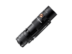 Fenix PD25R rechargeable LED EDC flashlight with compact design and bright beam, positioned on a neutral background.