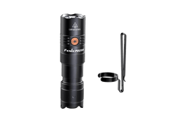 Fenix PD25R rechargeable LED EDC flashlight with black body and textured grip, turned on showing bright beam.