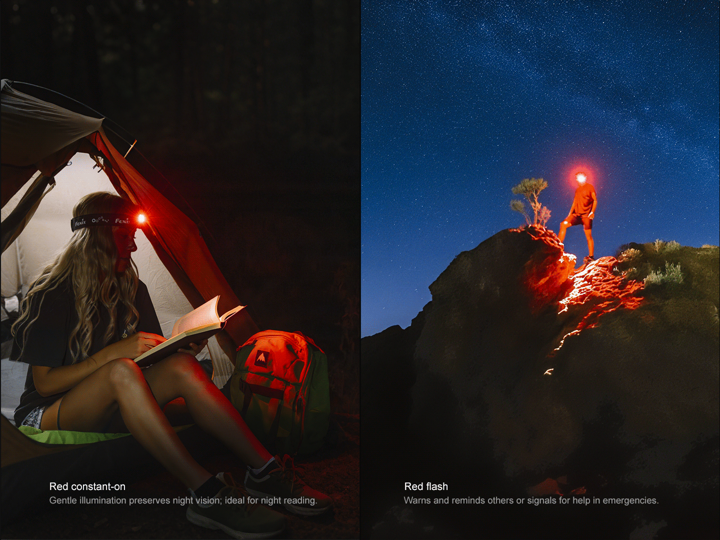 Black Fenix HM55R lightweight multi-LED headlamp with adjustable strap and bright LED lights for outdoor activities.