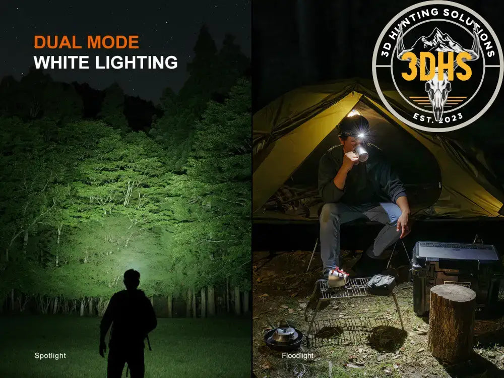 Black Fenix HM55R lightweight multi-LED headlamp with adjustable strap and high-intensity beam, suitable for outdoor activities.