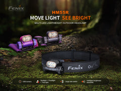 Fenix HM55R lightweight multi-LED headlamp with black strap and durable design, suitable for outdoor activities and nighttime use.