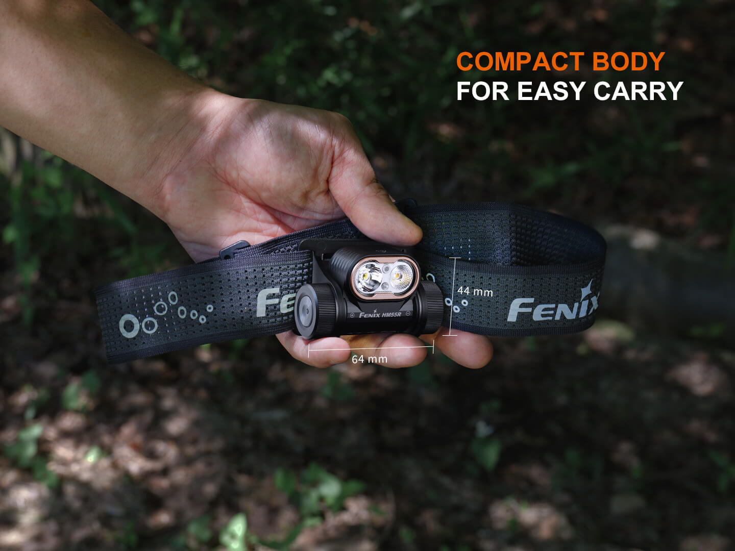 Fenix HM55R lightweight multi-LED headlamp with adjustable strap and bright beam, black color, for outdoor and work use.