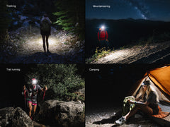 Black Fenix HM55R lightweight multi-LED headlamp with adjustable straps and bright LED lights for outdoor activities.