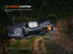 Black Fenix HM55R lightweight multi-LED headlamp showing adjustable head strap and multiple LED lights for outdoor use.