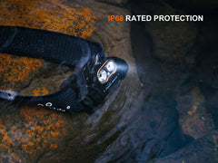 Black Fenix HM55R lightweight multi-LED headlamp with adjustable strap and multiple lighting modes for outdoor activities.
