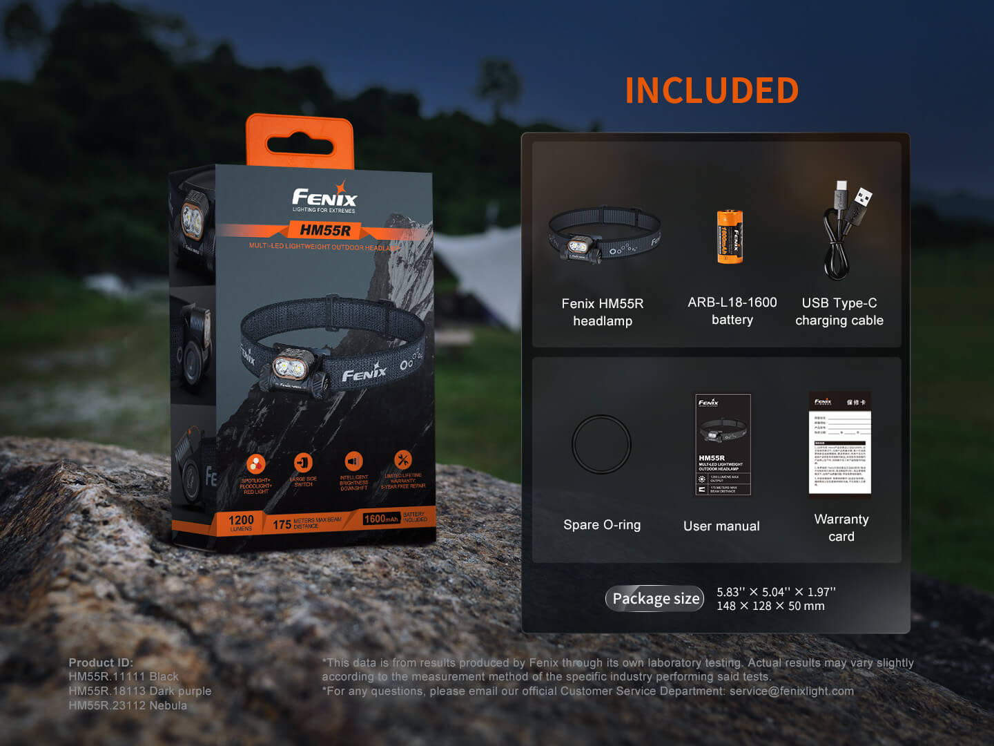 Black Fenix HM55R lightweight multi-LED headlamp showing adjustable straps and multiple LED lights for outdoor activities.