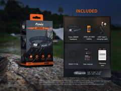 Black Fenix HM55R lightweight multi-LED headlamp showing adjustable straps and multiple LED lights for outdoor activities.