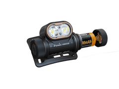 Black Fenix HM55R lightweight multi-LED headlamp with adjustable strap and multiple brightness modes for outdoor activities.