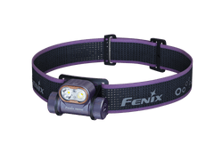 Black Fenix HM55R lightweight multi-LED headlamp with adjustable straps and multiple lighting modes for outdoor activities.