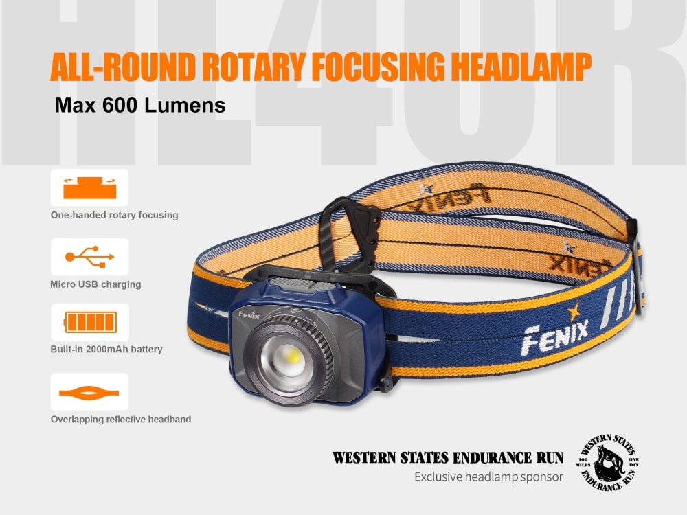 Fenix HL40R USB rechargeable LED headlamp in blue with adjustable focus and head strap for outdoor activities.