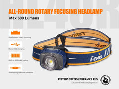 Fenix HL40R USB rechargeable LED headlamp in blue with adjustable focus and head strap for outdoor activities.