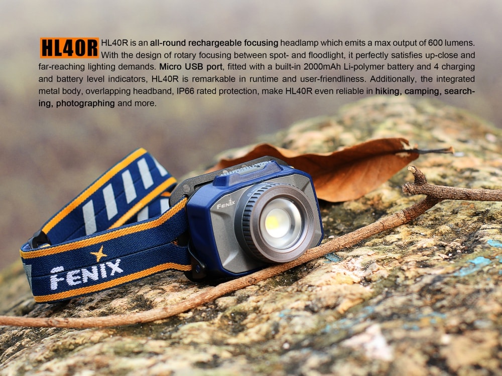 Blue Fenix HL40R rechargeable LED headlamp with adjustable focus and USB charging, suited for outdoor and hands-free activities.