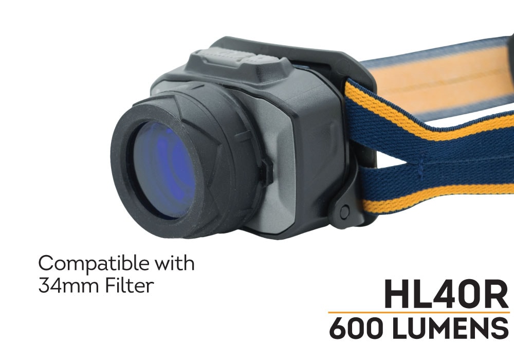 Blue Fenix HL40R rechargeable LED headlamp with focusable beam and USB charging, designed for outdoor and hands-free lighting.
