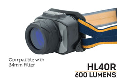 Blue Fenix HL40R rechargeable LED headlamp with focusable beam and USB charging, designed for outdoor and hands-free lighting.