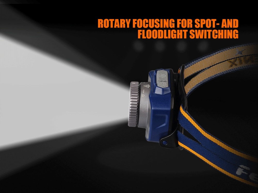Fenix HL40R rechargeable LED headlamp with adjustable focus, blue color, and USB charging port, used for outdoor activities.