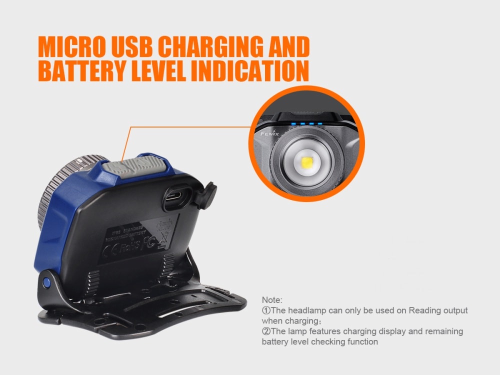 Blue Fenix HL40R rechargeable LED headlamp with focusable beam and USB charging, shown from a side angle.