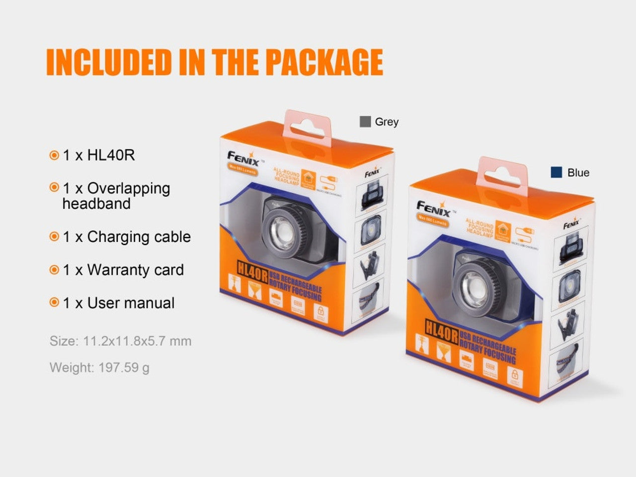 Blue Fenix HL40R rechargeable LED headlamp with focusable beam and USB charging, shown in a close-up image.