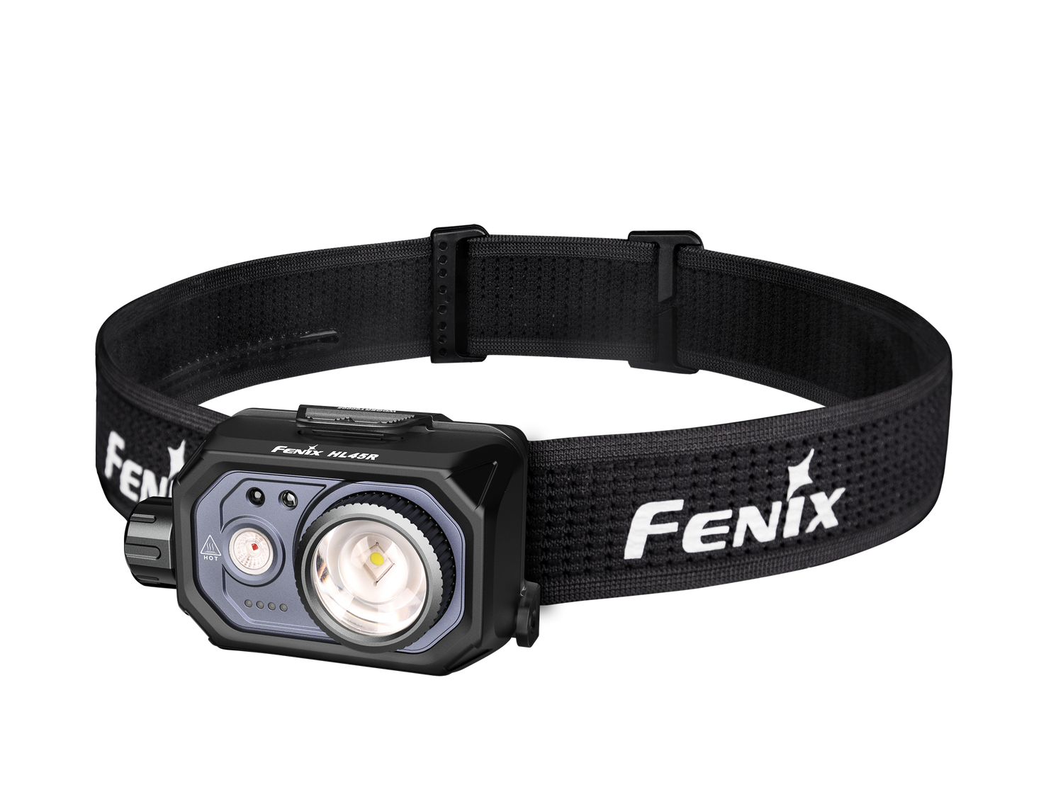 Fenix HL45R rechargeable headlamp with focusing and gesture-sensing features, shown with adjustable strap and bright LED light.