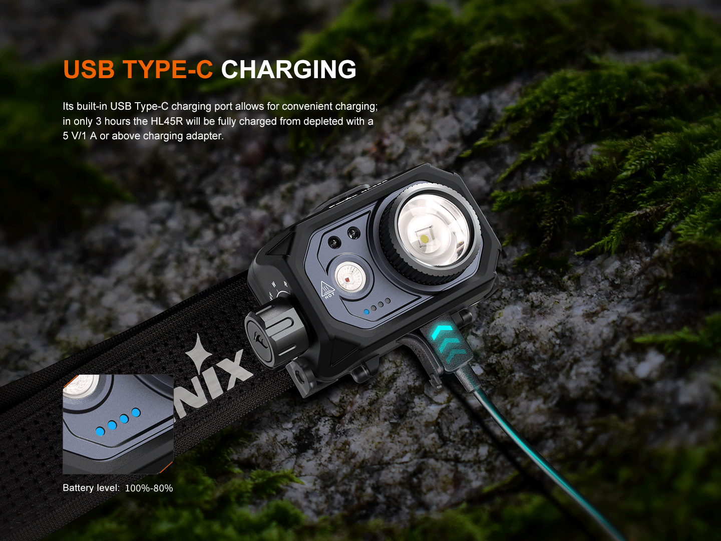 Fenix HL45R rechargeable headlamp with focusing lens and gesture-sensing technology, worn on a user's head for hands-free lighting.